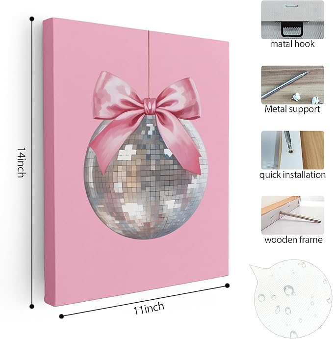 APJYM Pink Coquette Room Decor, Funky Y2K Disco Ball Preppy Wall Art, Preppy Room Decor, Trendy Retro Pink Aesthetic Posters Wall Decor for Teen Girls Bedroom Dorm Apartment Decor, 11x14 Inches Framed