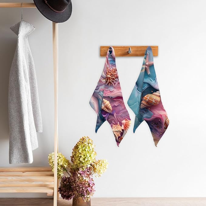 Marble Texture Kitchen Towels Set of 2 Starfish Shells Pearls Dish Towels Gifts for Women 16x24 Tabletop Decor Marble