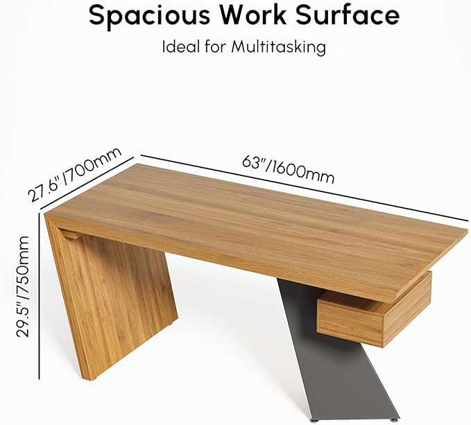 homary 63" Rustic Industrial Writing Desk, Home Office Desk with Drawer Natural Wooden Desk Home Office Computer Desk