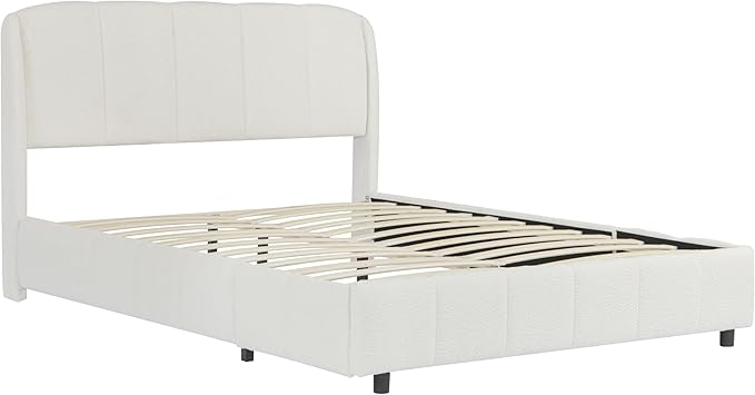 Queen Size Bed Frame, Upholstered Cloud Boucle Platform Beds Frames with Headboard, Anti-Collision Soft Rounded Corners Footboard, No Box Spring Required, Easy Assembly (44.5" Beige, Queen)