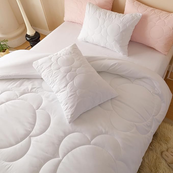 CLOTHKNOW White Comforter Sets California King Daisy Puff Pattern Bedding Comforter Sets Soft Boho Comforter with 2 x Pillow Cases