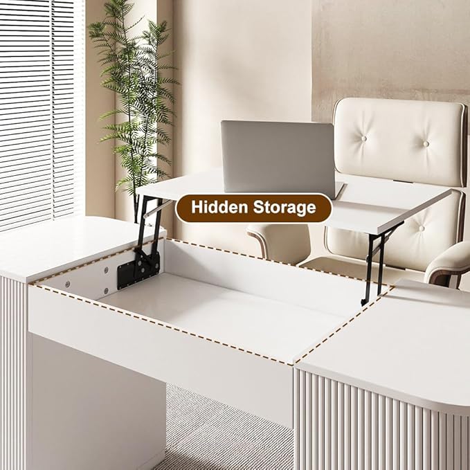 homary Modern 59.8" Standing Desk with Lift-Top & Ample Storage, Fluted Engineered Wood Home Office Desk with 2 Doors, White