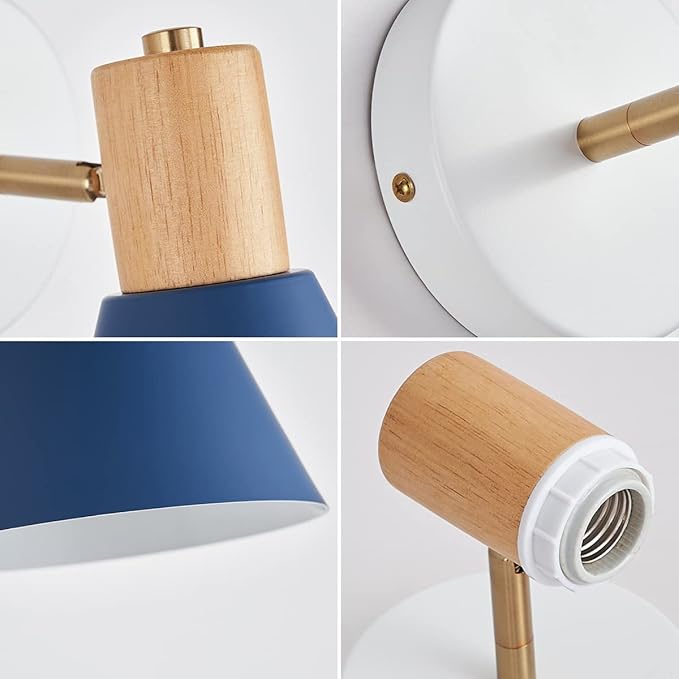 Plug in Wall Sconces Lighting Fixture Pack of 2, Wooden Adjustable Bedside Wall Lamp for Industrial Bedroom, Bathroom Sink Lighting (Plug-in Blue, 2)