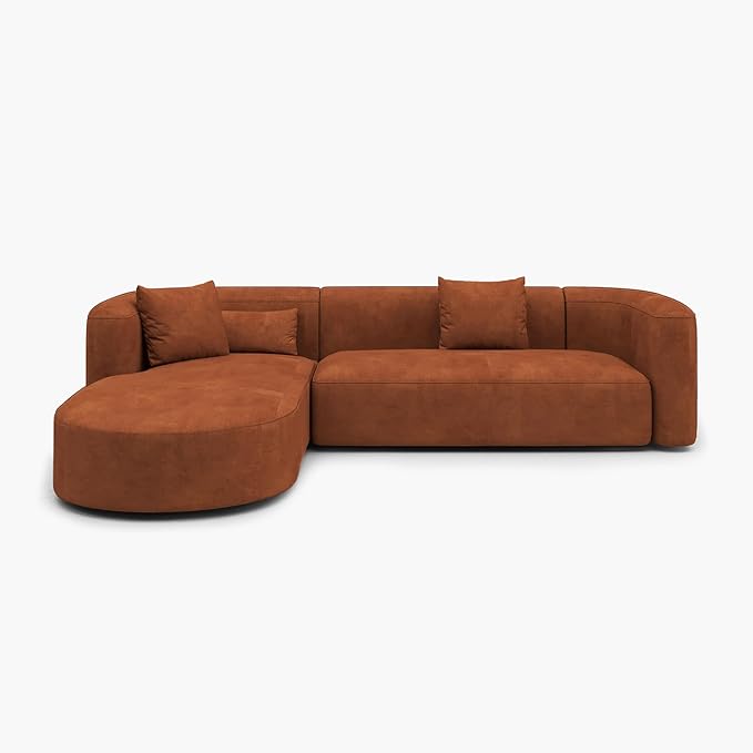Acanva Luxury Modern Tight Curved Back Velvet Sofa, Minimalist Style Comfy Couch for Living Room Apartment, L-Shape Left Chaise, Tangerine