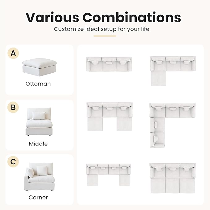 Modular Sectional Sofa Couch, 119.29" V Shaped Modular Couch with Storage Ottoman, Down Filled Convertible Sofa for Living Room, 6 Seat Wide Couches,Cushion Covers Removable,White