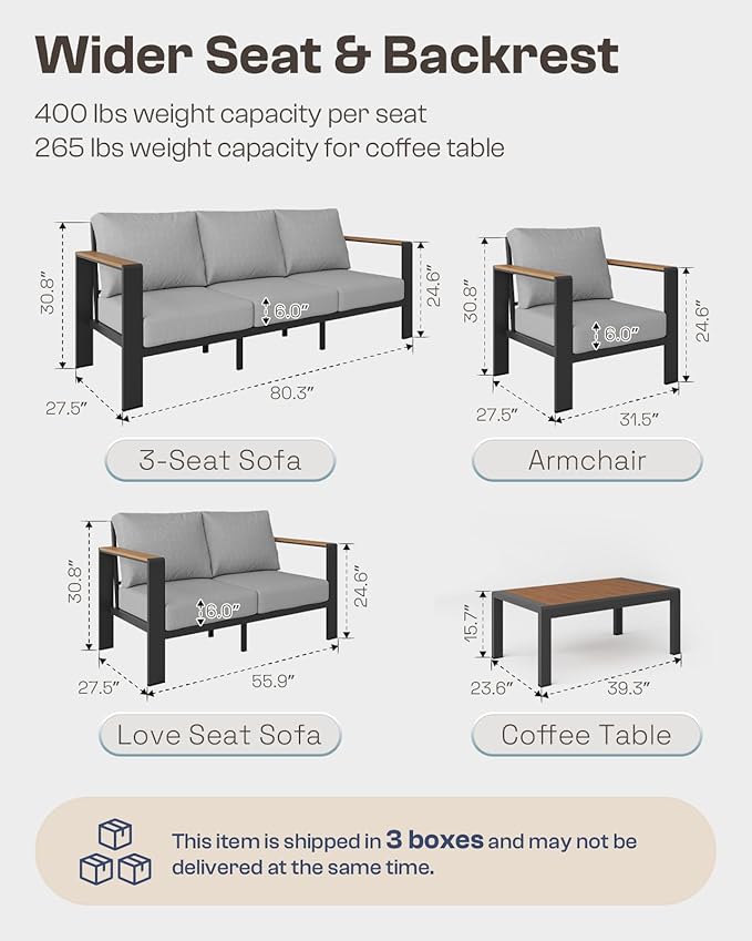Aluminum Outdoor Seating Bistro Set, 3 Piece Outdoor Patio Furniture Set with Washable Thick Cushion Outdoor Chair, Patio Sectional Furniture Set for Porch, Balcony, Deck, Yard, Gray