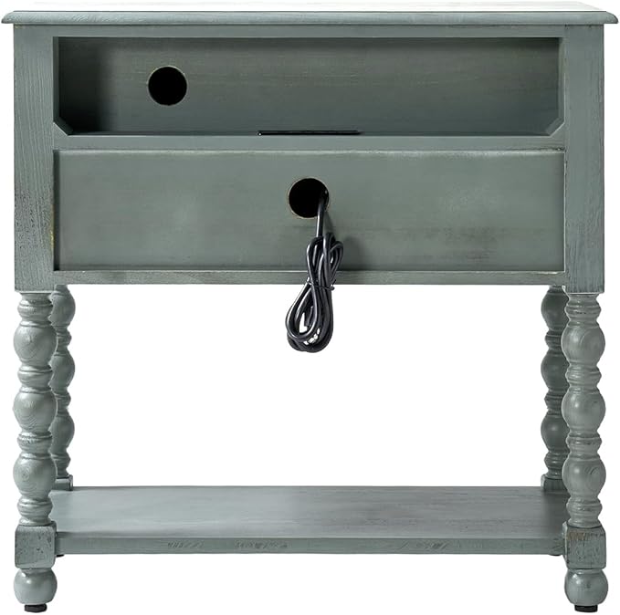 HULALA HOME Farmhouse Storage End Table with 2 Drawers and Open Shelf, Solid Wood Side Table with Spindle Legs, Nightstand with Charging Station (Blue)