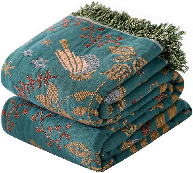 Boho Throw Blanket 100% Cotton Woven Ultra Soft 4-Layer Muslin Quilt Farmhouse Bed Blanket Cover 90"x98", Bird Floral