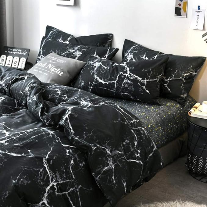 CLOTHKNOW Black Grey White King Size Comforter Set Marble Bedding Comforter Sets All Season Black Comforter Abstract Comforter with 2 x Pillow Cases