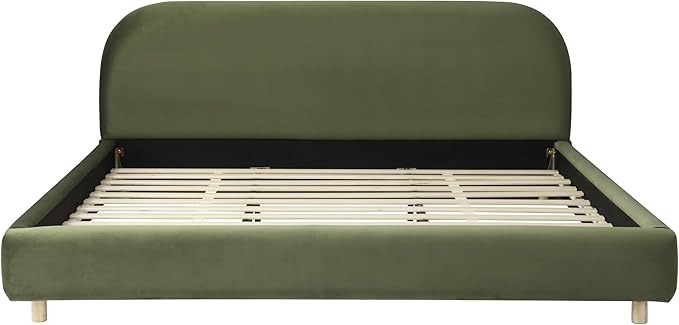 Green King Size Bed Frame, Upholstered Cloud Boucle Platform Beds Frames with Headboard, Anti-Collision Soft Rounded Corners Footboard, No Box Spring Required, Easy Assembly (Olive Green, King)