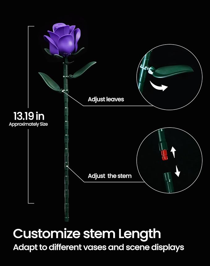 iATOM Purple Rose Bouquet Building Set, Compatible with Lego Flowers for Adults Women, Botanical Collection Gift for Halloween & Valentines Day - Artificial Plant Gothic Home Decor - IA11017