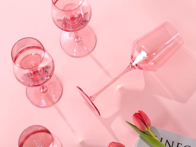 Physkoa Pink Wine Glasses Set 6-15oz Crystal Blush Pink Wine Glasses With Long Stem and Thin Rim,Perfect Pink Colored Wine Stemware for Wine Lover in Wedding,Bridal Shower