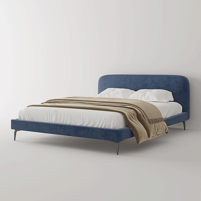 Acanva Modern Minimalist Upholstered Platform Bed Frame with Headboard, Mattress Foundation Base with Metal Slats Support, No Box Spring Needed, Non-Slip, Blue, Queen Size