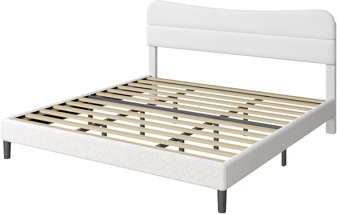 King Size Bed Frame, Upholstered King Bed Frame and Headboard, Teddy Soft Boucle Fabric bedframe King Size, Soft Cloud Marshmallow Shape Upholstered Headboard, No Box Spring Needed, Noise Free (White)