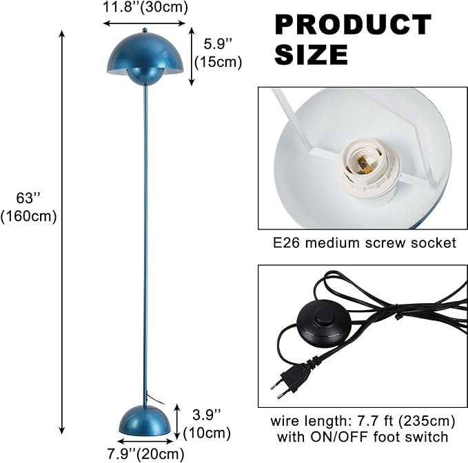 COSYLUX Modern Floor Lamp for Living Room, Industrial Tall Standing Lamp for Bedroom, Metal Shade Reflecting Light Reading Floor Lamp for Office, Nursery Room, Corner(Pearl Gentian Blue)