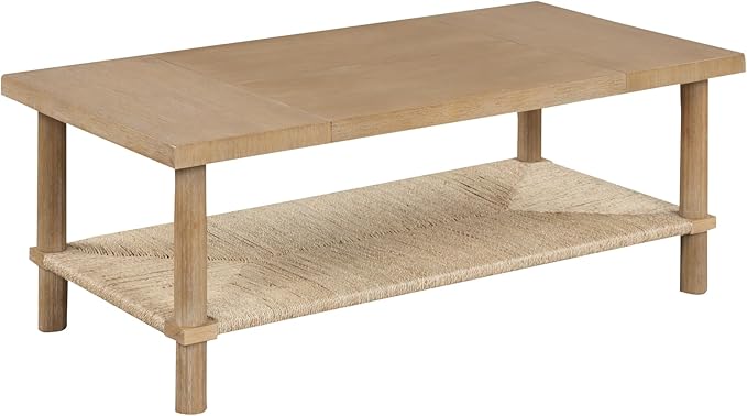 Nathan James Beacon Bohemian Coffee Table with Storage, 2-Tier Rectangle Coffee Table with Solid Wood Legs and Seagrass Shelf, Light Brown
