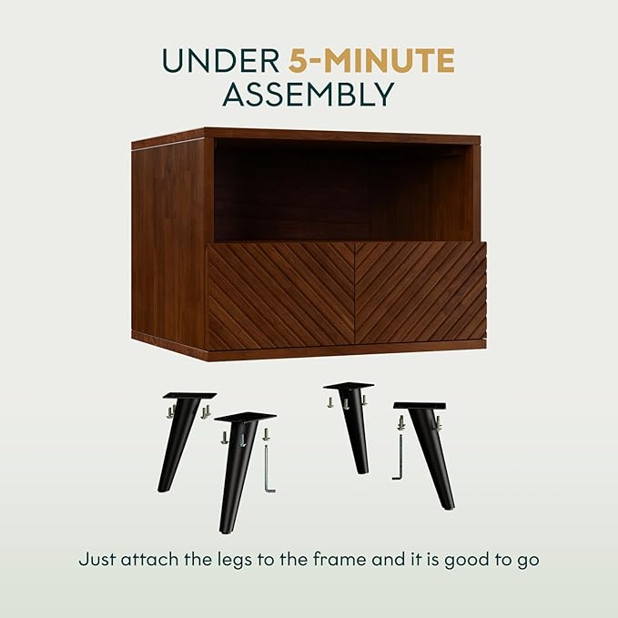 Bme Rhombus Wooden Nightstand with Storage Drawer – Solid Acacia Wood, Geometric Rhombus Pattern Front, Modern Scandinavian Side Table with Metal Base for Bedroom