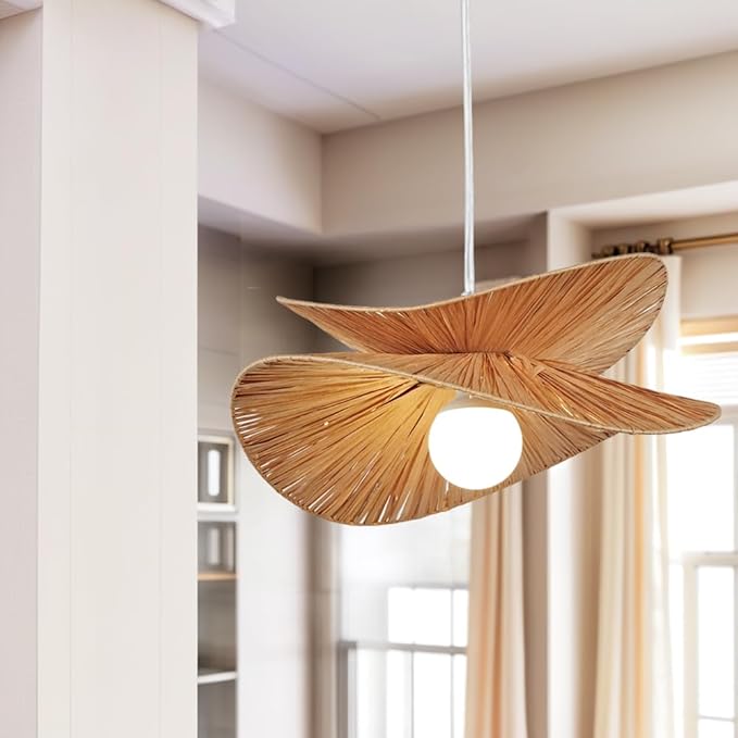 Natural Abaca Woven Pendant Light, Hand-Made Weaved Ceiling Light with Organic Weaved Leaf Finish, 20 Inch Diam Hanging Pendant Light for Bedroom, Living Room, Dining Room