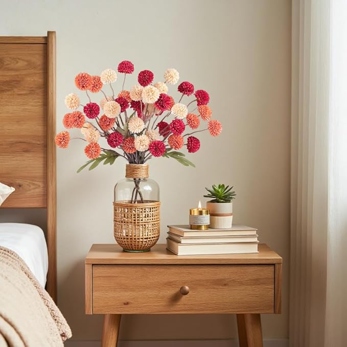 Fall Faux Kiku Flowers 10 Stems & 2 Eucalyptus,Fake Mums Flower Plants Artificial Chrysanthemums Mini Ball Floral for Table Centerpieces,Silk Fall Faux Mums Flower for Vase Wedding Arrangements Decor
