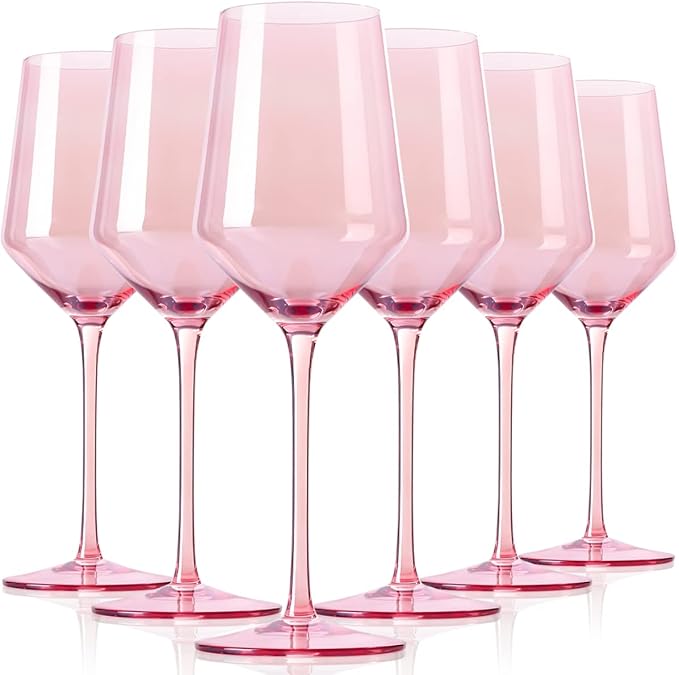 Physkoa Pink Wine Glasses Set 6-15oz Crystal Blush Pink Wine Glasses With Long Stem and Thin Rim,Perfect Pink Colored Wine Stemware for Wine Lover in Wedding,Bridal Shower