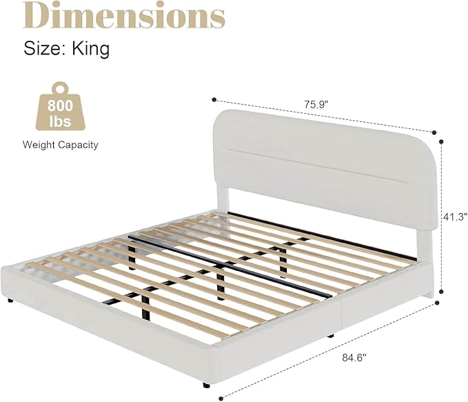 HOMBCK King Size Boucle Bed Frame, White Upholstered Platform King with Soft Headboard, Thickened Footboard, Rounded Corners, No Box Spring Required, Easy Assembly, White