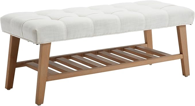 Wooden Entryway Bench for End of Bed Bench with Shoe Shelf Farmhouse Button Tufted Linen Fabric Upholstered Hallway Bench for Living Room/Bedroom/Hallway/Window Corner, Ivory