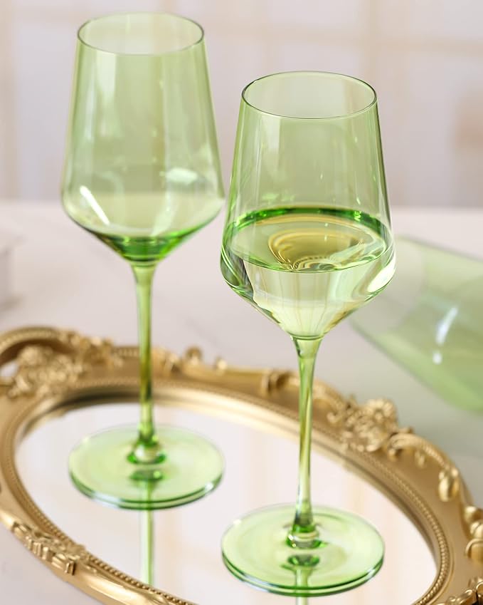 Physkoa Green Wine Glasses Set of 6-15oz Hand Blown Spring Wine Glasses Crystal Colored Glassware with Long Stem, Wedding, Birthday Gift