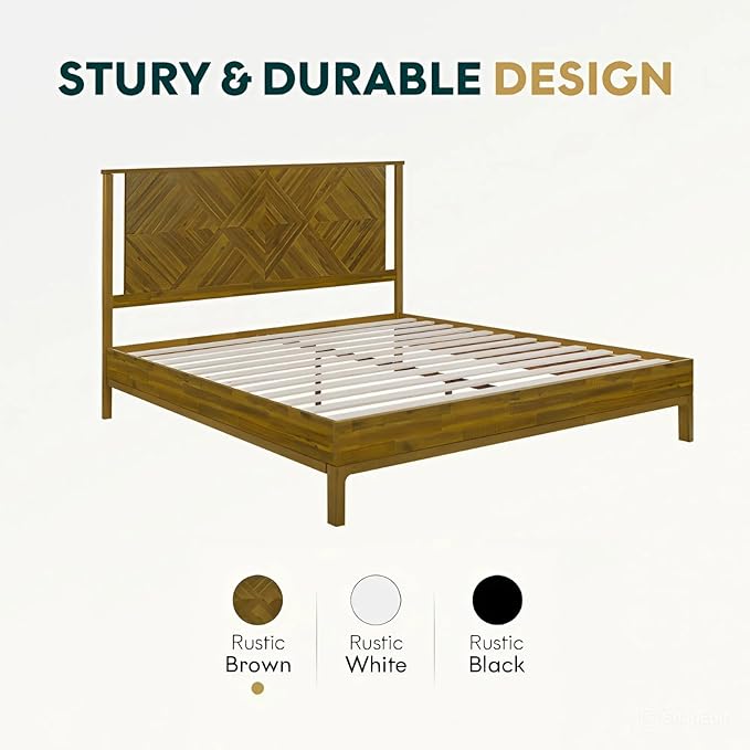 Bme Ethan Solid Wood Queen Bed Frame with Diamond Headboard - Rustic & Mid-century Modern - Acacia Wood Platform Bed - Compatible with All Mattresses - No Box Spring Needed - Rustic Brown
