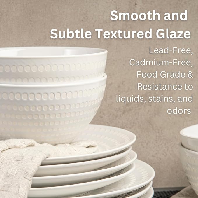 BZYOO Ceramic Dinnerware Set Serive for 4 (12 Pieces), Stoneware Plates and Bowls for Dining Pearl White Dishes Set With DOTDOT Design, Microwave Safe (12 PCS Dishes and Bow set, Bijou Collection)