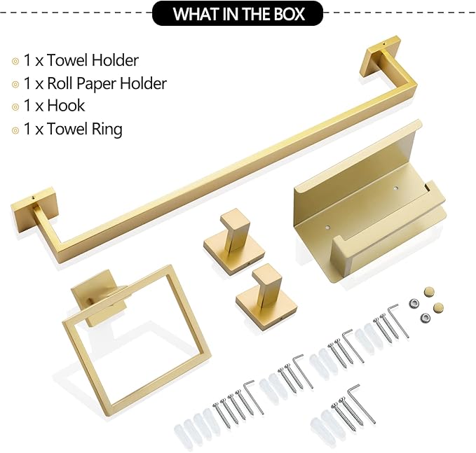 TNOMS 5-Piece Bathroom Hardware Set 23.6 Inch Gold Towel Bar Set Towel Bar Towel Ring Coat Hook and Toilet Paper Holder with Shelf Wall Mounted Stainless Steel Bathroom Accessories Set