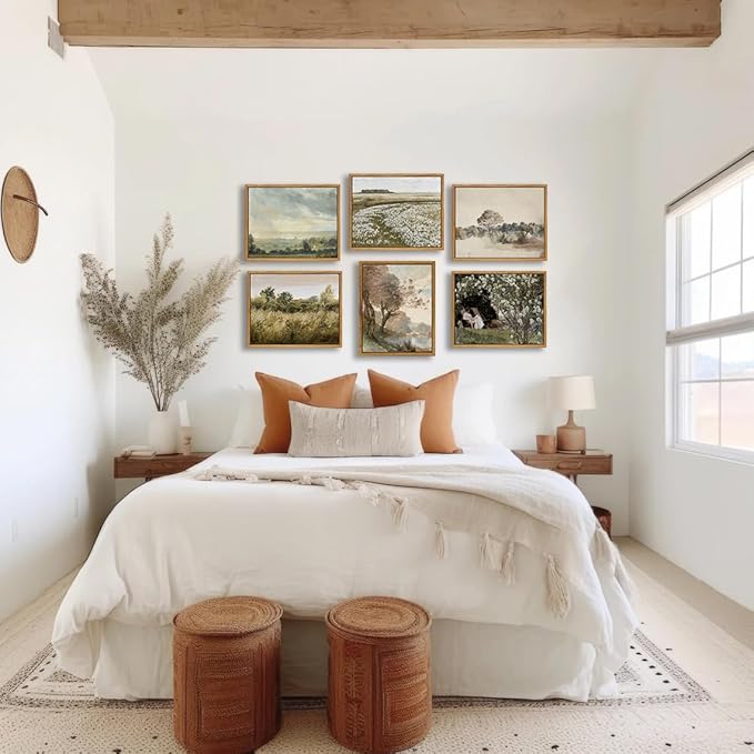 KBKBART Framed Vintage Neutral Wall Art Prints, Antique Rustic Muted Landscape Canvas Painting, Retro Countryside Nature Wilderness Illustrations Farmhouse Decor, Neutral Vintage Decor Ready To Hang