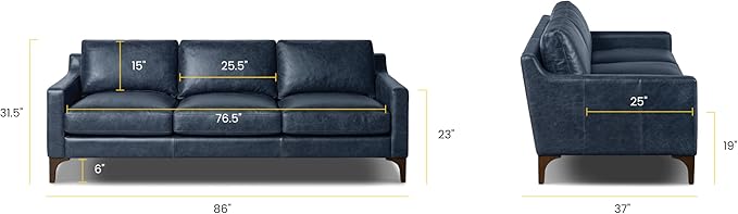 POLY & BARK Sorrento Leather Couch - 86 Inch Sofa - Full-Grain Leather Sofa for Living Room with Feather Down Topper - Living Room Couch - Pure Aniline Vintage Italian Leather in Nightfall Blue