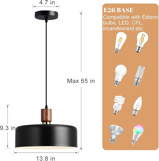 Eustace 13.8 inch Large Pendant Light, Adjustable Metal Chandelier with Solid Wood and Brass Accent, Modern Hanging Light Fixtures for Kitchen Island, Bar, Dining Room, Bedroom, Living Room