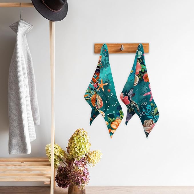 Sea Turtle Starfish Kitchen Dish Towels Set of 2 16x24 Farmhouse Holiday Tabletop Decor Coral Floral Turquoise