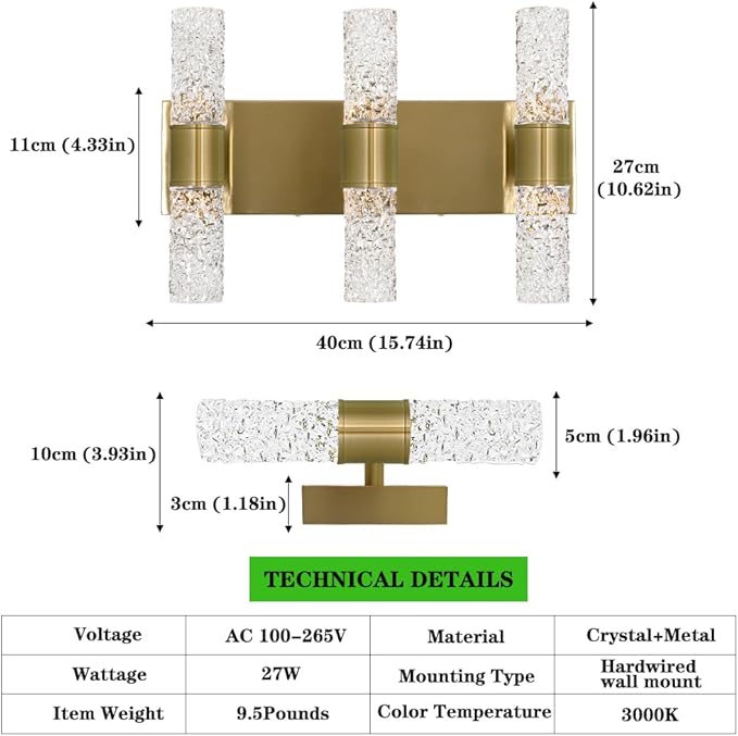 Gold Bathroom Light Fixture, Modern Gold Vanity Light for Bathroom, Crystal 6 Light Bathroom Light Fixtures Over Mirror, 27w LED Bathroom Wall Sconce 3000K Warm White