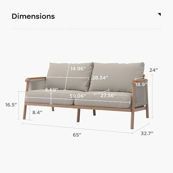 Acanva Modern All-Weather Aluminum Outdoor Sofa with Thick Cushions, Olefin Fabric Sunroom Backyard Furniture, Loveseat Light Khaki
