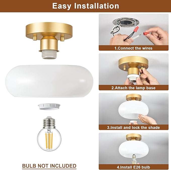 Mid-Century Modern Gold Semi Flush Mount Ceiling Light, Kitchen Ceiling Light Fixture with Glass Shade, Vintage White Close to Ceiling Lamp for Entryway Hallway Bathroom (11.0 Inch)