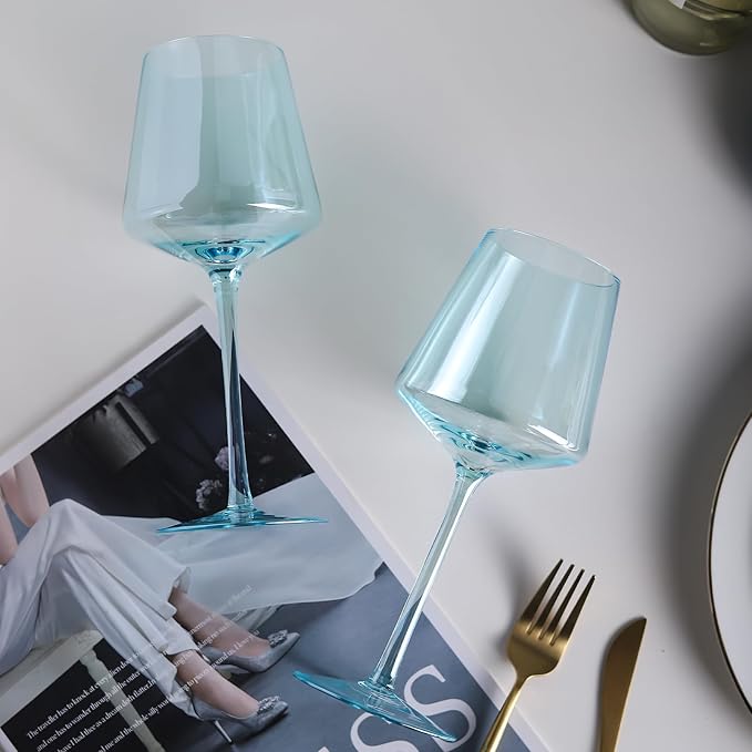 Light Blue Wine Glasses Set 6-16oz Modern Blue Wine Glasses With Tall Long Stem and Flat Bottom,Unique Blue Wine Stemware for Birthday Wedding Bridal Shower