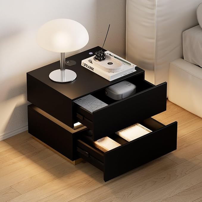 homary Smart Night Stand with Wireless Charging Station - Smart LED Nightstand with 2 Drawers, Black Bedside Table for Bedroom Living Room