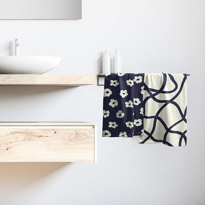 Modern Style Kitchen Towels Navy Blue Geometrical Stripe Set of 2 Quick Dry Microfiber Flower Pattern for Home Kitchen