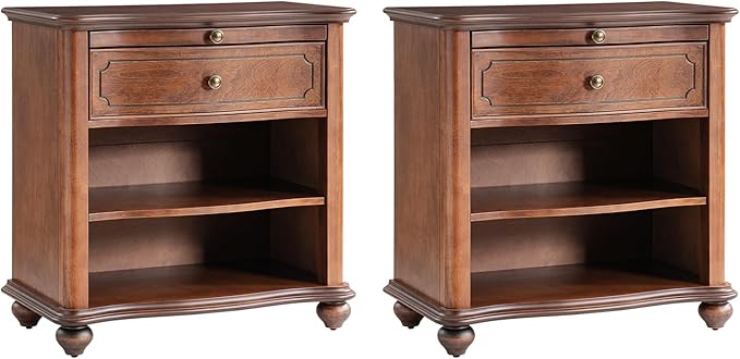 HULALA HOME Wooden Nightstand with Pull-Out Shelf, Mid Century Modern Nightstand with Solid Wood Drawers and Legs, Adjustable Storage Set of 2, Brown