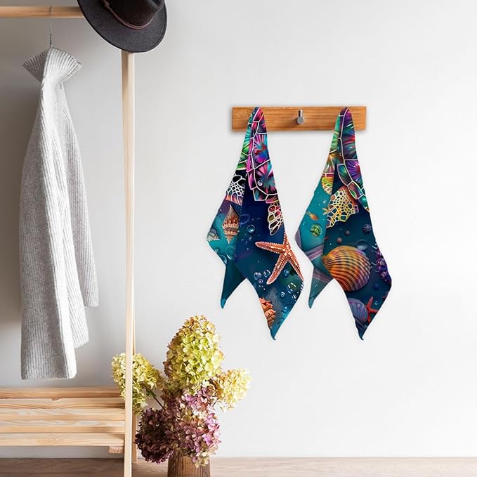 Sea Turtle Kitchen Dish Towels Set of 2 Absorbent Hand Towels 16x24 Farmhouse Starfish Seashells Sea Turtle