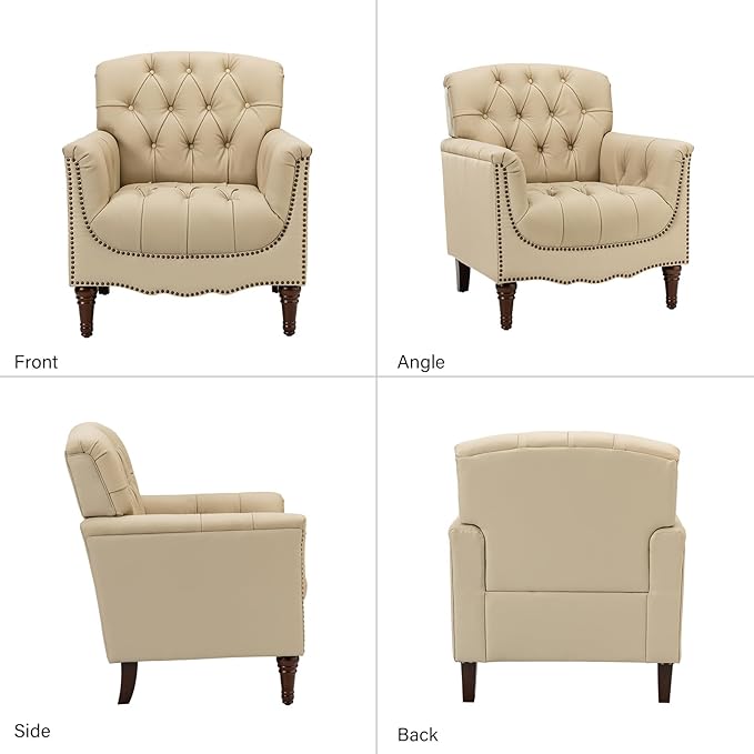 HULALA HOME Mid Century Modern Leather Club Chairs Set of 2, Top-Grain Genuine Leather Armchairs with Button-Tufted Back & Solid Wood Legs, Accent Chairs for Living Room/Bedroom/Home Office, Beige