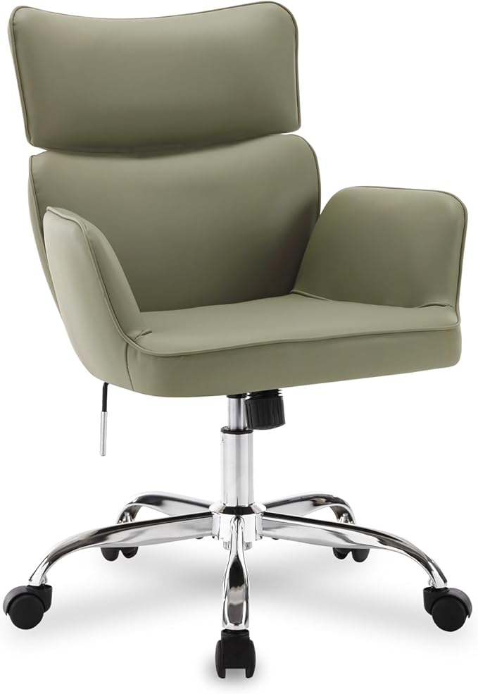 BV Adjustable Desk Chair with Wheels for Make Up, Faux Leather Rolling Armchair, 360° Swivel Comfy Task Chair for Home Office, Green