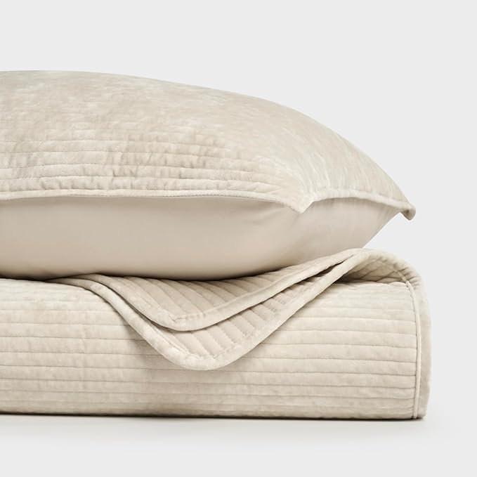 EVERGRACE Velvet Quilt Set King Size, Luxurious Soft Quilted Bedding Sets, Lightweight Velvet Comforter for All Season, Striped Channel Bedspread Coverlet with 2 Shams, 104" x 92", Light Sand