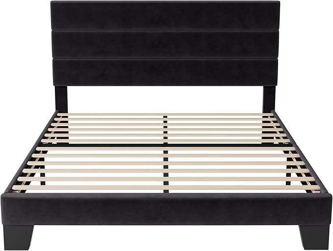 Allewie Queen Size Platform Bed Frame with Velvet Upholstered Headboard and Wooden Slats Support, Fully Upholstered Mattress Foundation/No Box Spring Needed/Easy Assembly, Black
