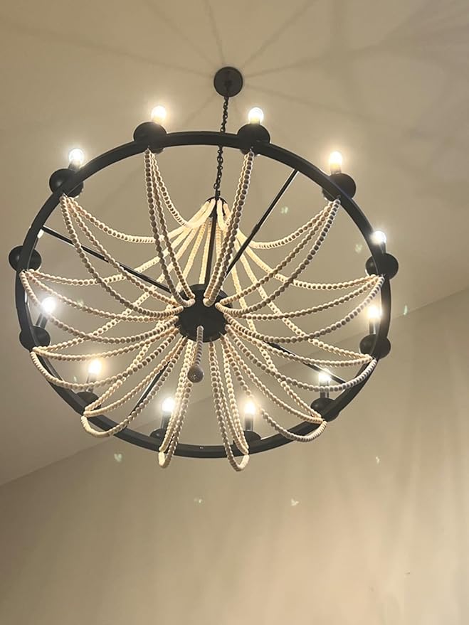 Wellmet Wood Bead Chandelier 38", 12 Light Black Wagon Wheel Chandelier, Farmhouse Dining Room Pendant Light Fixtures Bohemian Coastal Chandeliers for Foyer, Kitchen, Living Room, Entryway, Bedroom