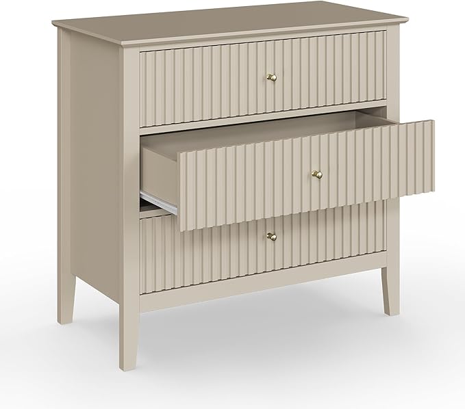 Large Beige Fluted 3 Drawer Dresser Set of 2, Chest of Drawers with Ball Bearing Slide Modern 30 inch Tall Wood Nightstand with Spacious Storage for Bedroom Hallway Living Room Entryway