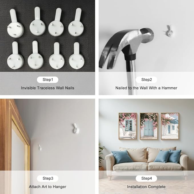 HOURIA Modern Greek Island Cityscape Framed Canvas Wall Art Set,European White House Blue Door Shutter Landscape Wall Decor,Santorini Natural Pink Flower Artwork for Living Room, Bedroom-24 x36 x3