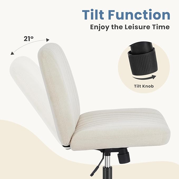 DUMOS Criss Cross Chair No Wheels Wide Cross Legged Desk Vanity Chair Comfy Fabric Armless Adjustable Swivel for Home Computer Task (Beige)